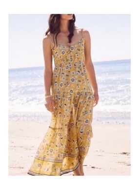 Evereve Collette Floral Maxi Dress Yellow Boho Tiered Sundress NWT Medium